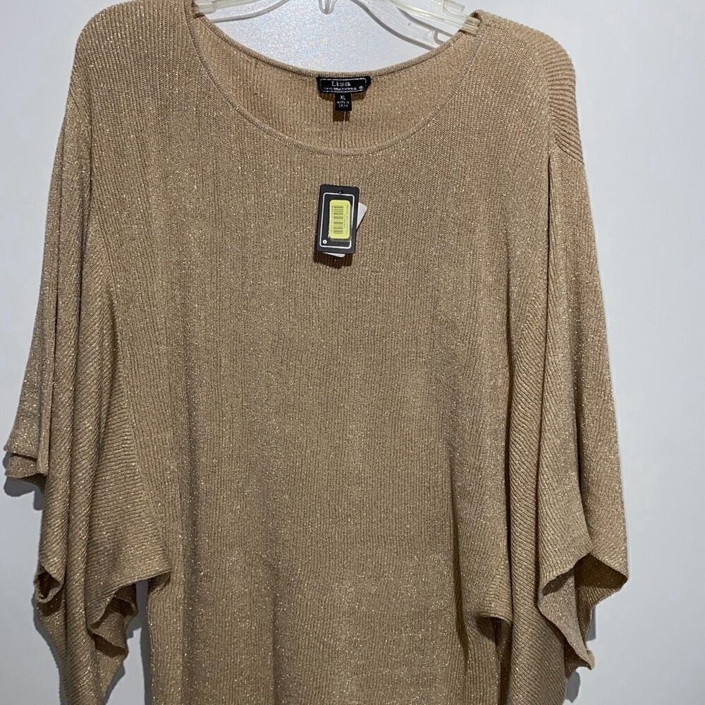 Lisa International Gold Metallic Knit Poncho Top XL Draped Dolman Sleeve Shimmer